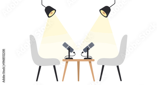 Two microphones are placed on a small wooden table between two empty white chairs, illuminated by two spotlights on a white background.