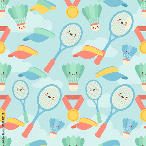 Cute badminton shuttlecocks, rackets, visors, and medals pattern