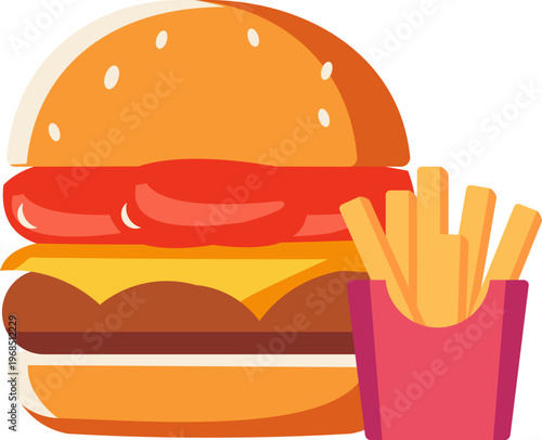 Illustration of Fast Food Burger, Fried Chicken with French Fries and Drink