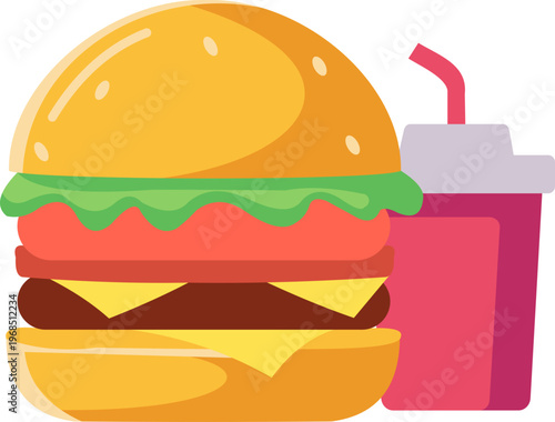 Illustration of Fast Food Burger, Fried Chicken with French Fries and Drink