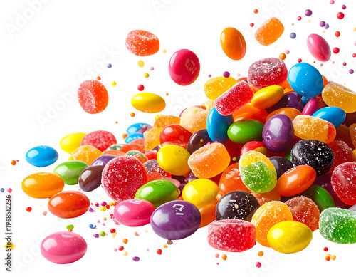 Colorful assorted candies and sprinkles frozen in mid-air