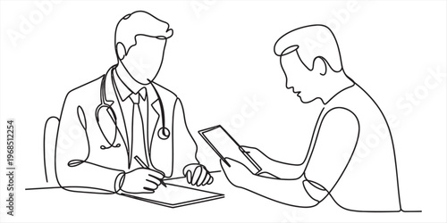 A continuous line drawing depicting a medical doctor having a consultation with a male patient Vector, illustration