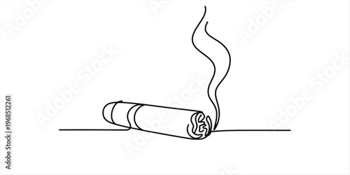 Minimalist continuous line drawing of a single smoking cigar resting on a flat surface in white. Vector, illustration