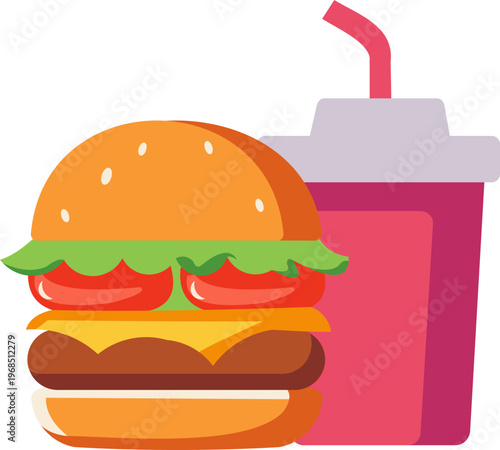 Illustration of Fast Food Burger, Fried Chicken with French Fries and Drink