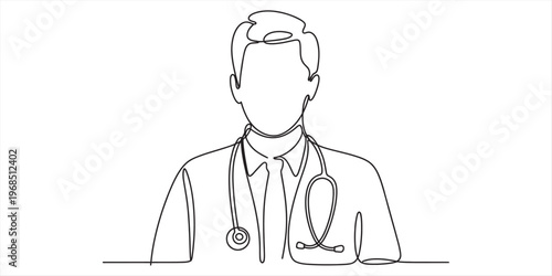 A continuous single line drawing of a male doctor wearing a white coat and a medical stethoscope Vector, illustration