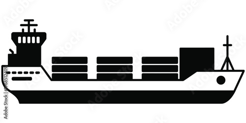 Cargo ship silhouette, container vessel, stacked containers, maritime transport, global trade, ocean shipping, freight industry, sea logistics, export import, flat vector illustration