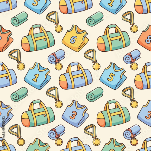 Seamless pattern of sports equipment in a playful cartoon style