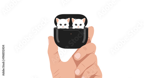 A human hand holds an open black wireless earbud charging case with two small white kittens peeking out on a white background.
