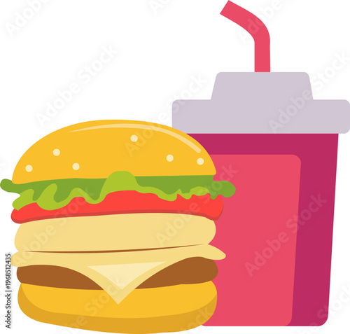 Illustration of Fast Food Burger, Fried Chicken with French Fries and Drink