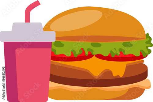 Illustration of Fast Food Burger, Fried Chicken with French Fries and Drink