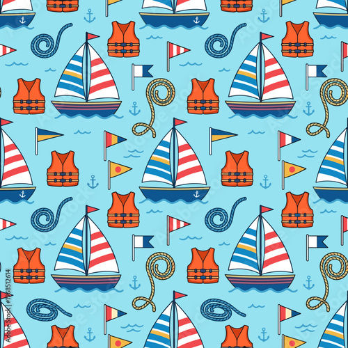 Nautical seamless pattern with sailboats and life vests
