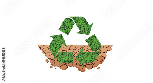 A large green recycling logo formed from leaf-textured arrows is deeply embedded within a prominent segment of parched cracked brown earth.