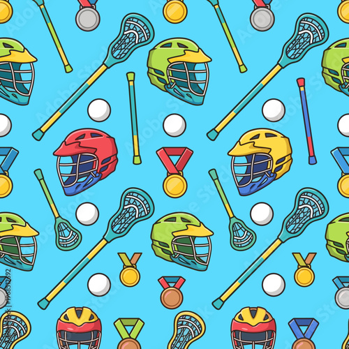Seamless pattern of cartoon lacrosse equipment and medals