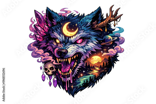 Dark Fantasy Wolf Head Illustration with Neon Colors, Moon Symbol and Horror Style
