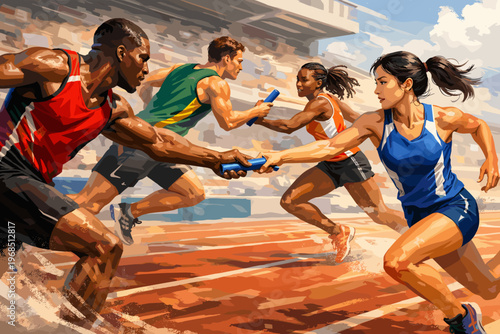Relay Race Competition with Athletes Passing Baton on Running Track Dynamic Sports Illustration