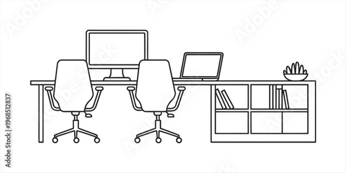 A black and white line drawing of a shared office workstation with two chairs and computer equipment Vector, illustration