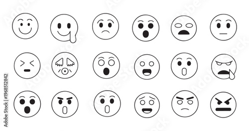 Collection of black and white outline emoji icons displaying a wide range of facial expressions.