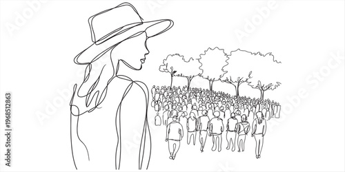 A single line drawing of a woman wearing a hat looking towards a large crowd in a park setting. Vector, illustration