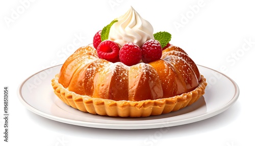 A golden-brown tart, adorned with fresh raspberries, whipped cream, and mint leaves, dusted with powdered sugar, set on a white plate