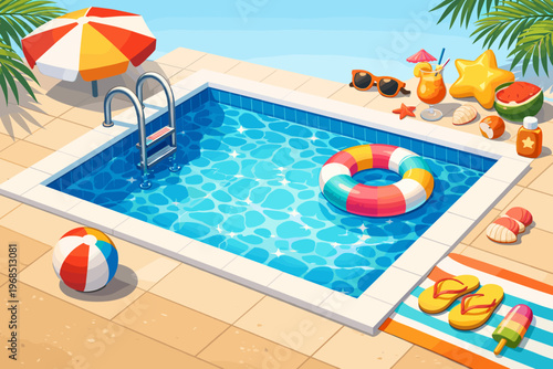Swimming Pool Illustration with Summer Vacation Elements, Float Rings and Relaxation Scene
