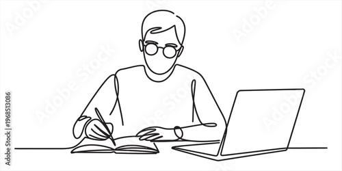 Continuous line drawing of a focused student working on a laptop while writing in a notebook. Vector, illustration