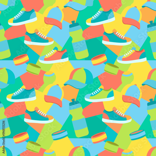 Colorful sports accessories pattern in cartoon style