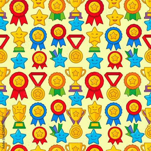 Cute cartoon seamless pattern of sports awards and stars