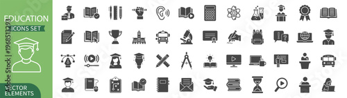 Education learning school solid set icon on transparent background