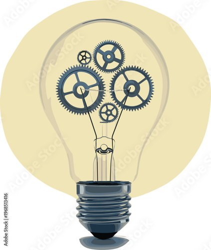 Creative mechanical lightbulb illustration with internal gears representing innovation engineering thinking problem solving and smart idea concept