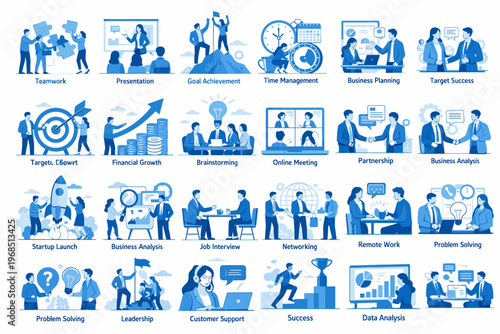 Business Workflow and Corporate Activities Set, Teamwork Strategy Planning Marketing Finance and Office Process Illustration