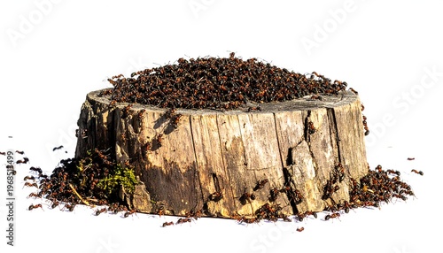 A large, rough-hewn, tree stump serves as a platform, covered in a seething mass of tiny, reddish-brown insects