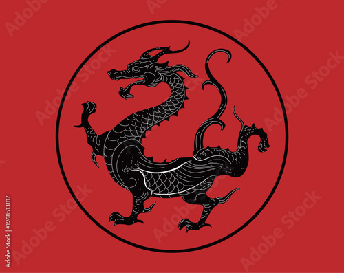 Vintage Oriental Style Dragon Illustration, Red and Black Graphic Design with Chinese Lettering
