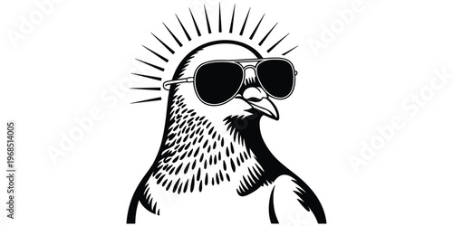 Cool pigeon wearing aviator sunglasses, humorous bird design, black and white flat vector illustration, modern quirky artwork, stylish animal character, trendy