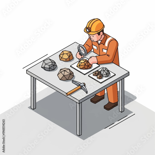 Geologist examining rocks with a magnifying glass on a table.