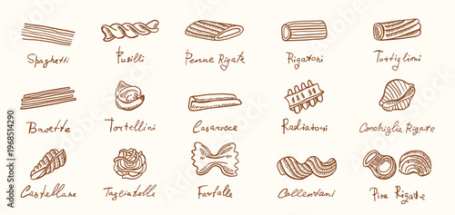 Italian pasta types hand drawn collection