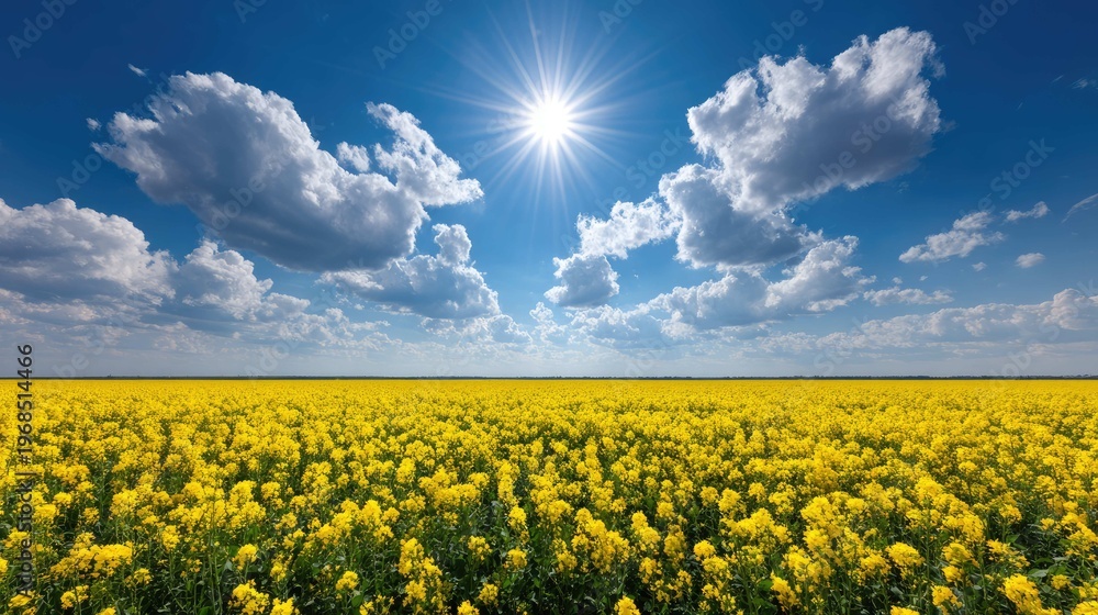Obraz premium Vibrant Yellow Flower Field Under Bright Sunlight and Dramatic Clouds in Clear Blue Sky