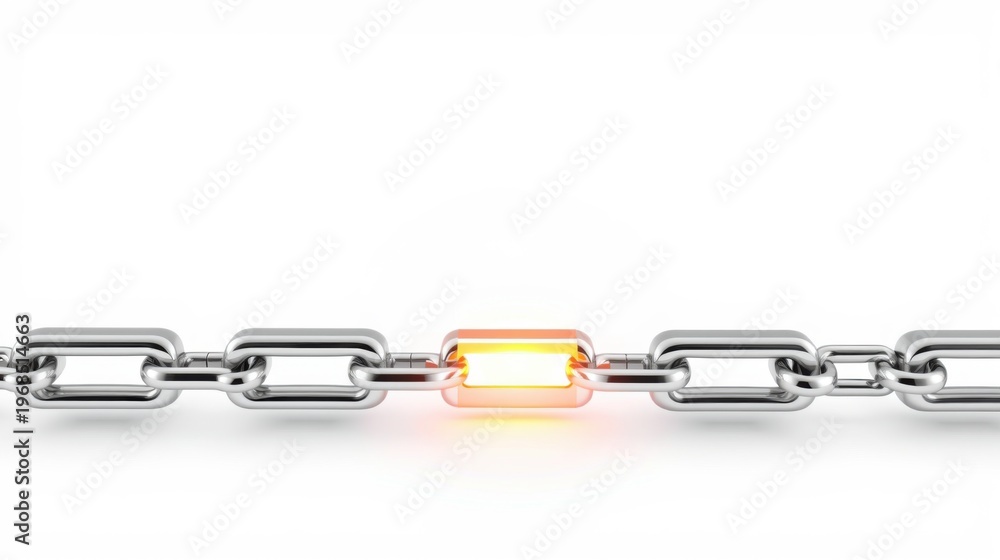 Fototapeta premium Silver chain with single glowing link. Highlights importance, connection, strength, resilience. Simple design, bright contrast, clean aesthetic.
