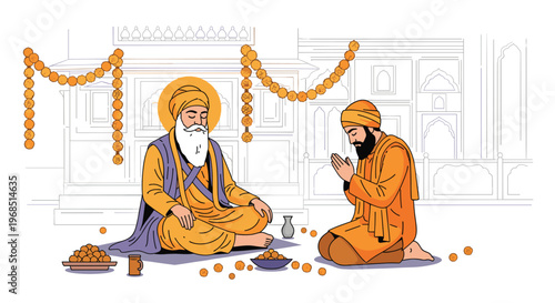 Guru Nanak sits barefoot on a mat while another man in orange robes kneels in prayer with scattered sweets and architectural outlines.