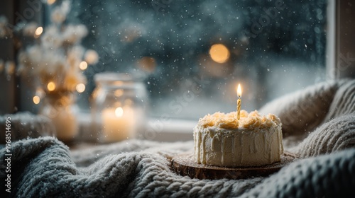 A small cake with a lit candle sits cozily on a knitted blanket, near a snowy window with blurred lights