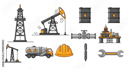 Oil Industry Equipment and Tools Illustration Set for Energy Production.