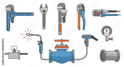 Plumbing Tools and Equipment Vector Illustration Set.