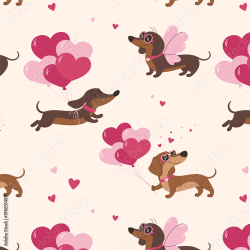Seamless pattern with cute dachshund dogs holding heart balloons. Valentine’s Day vector illustration