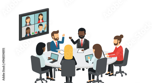 A diverse group of six business people are gathered around a round table with laptops, gesturing, and a wall-mounted screen showing a video conference.