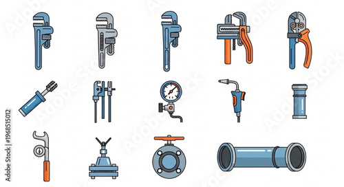 Plumbing Tools Collection - Wrenches, Gauges, and Pipe Fittings.