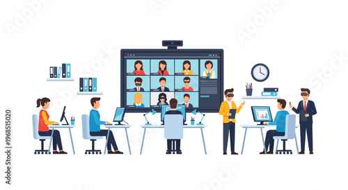 An open-plan office shows multiple people working, a large video conference screen, and individuals using computers, VR goggles, and a tablet.