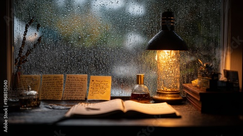 A cozy desk sits by a rain-streaked window, lit by a lamp and filled with notes, a book, and a bottle