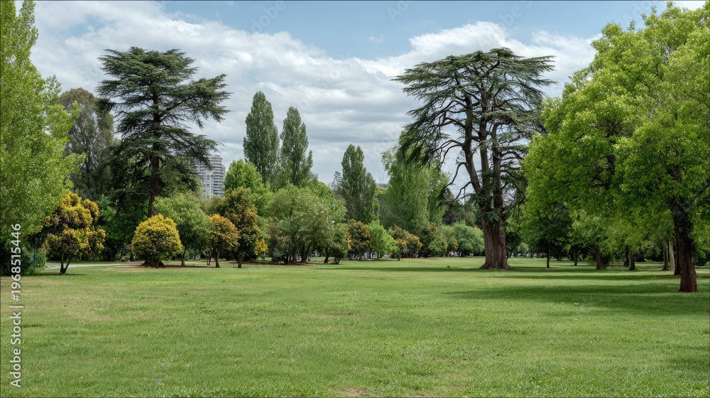 Obraz premium Serene green park landscape with tall trees under a blue sky, ideal for relaxation and outdoor activities