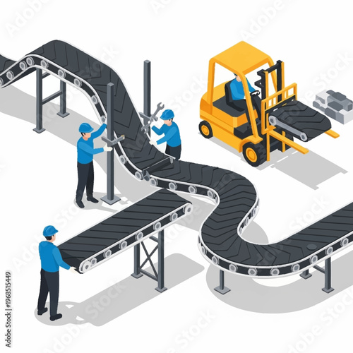 Isometric factory workers assembling a conveyor belt system with a forklift.