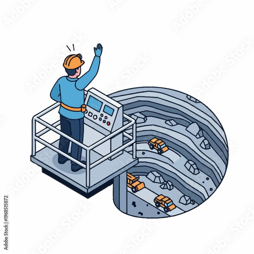 Isometric illustration of a miner overseeing an open-pit mine operation.