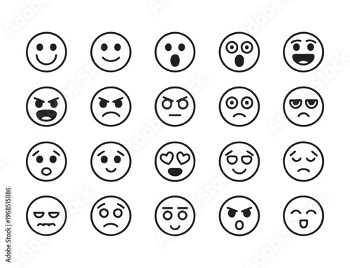 Group of black and white line art emoji icons showing various emotions on faces.
